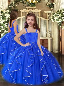 Simple Royal Blue Tulle Lace Up Little Girl Pageant Dress Sleeveless Floor Length Ruffles
