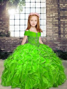 Fashion Organza Sleeveless Floor Length Girls Pageant Dresses and Beading and Ruffles
