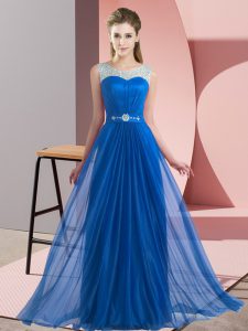 Blue Scoop Lace Up Beading Bridesmaid Gown Sleeveless