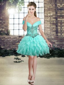 Lovely Aqua Blue Off The Shoulder Lace Up Beading and Ruffles Teens Party Dress Sleeveless