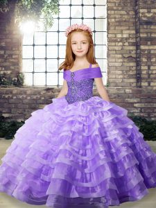 Lavender Organza Lace Up Straps Sleeveless Winning Pageant Gowns Brush Train Beading and Ruffled Layers