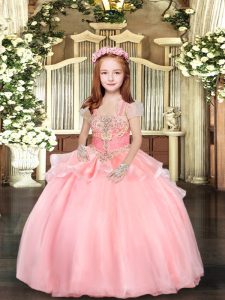 Ball Gowns Kids Formal Wear Pink Straps Organza Sleeveless Floor Length Lace Up