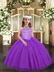High Quality Halter Top Sleeveless Lace Up Little Girls Pageant Dress Wholesale Purple Tulle