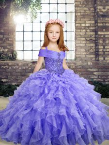 Ball Gowns Little Girl Pageant Gowns Lavender Straps Organza Sleeveless Floor Length Lace Up