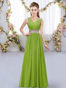 Perfect Floor Length Olive Green Wedding Party Dress Chiffon Sleeveless Beading and Belt