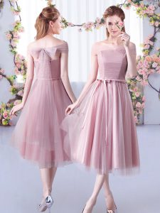 Ideal Off The Shoulder Sleeveless Lace Up Wedding Party Dress Pink Tulle