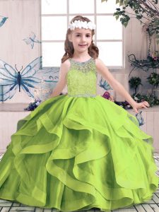 Scoop Sleeveless Little Girl Pageant Gowns Floor Length Beading and Ruffles Tulle