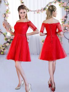 Graceful Red Off The Shoulder Lace Up Lace Dama Dress Half Sleeves