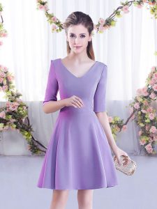 Dynamic Lavender Zipper V-neck Ruching Wedding Party Dress Chiffon Half Sleeves