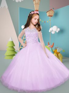 Glittering Floor Length Lilac Flower Girl Dresses for Less Tulle Sleeveless Appliques