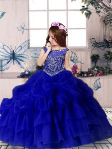 Royal Blue Ball Gowns Scoop Sleeveless Organza Floor Length Zipper Beading and Pick Ups Girls Pageant Dresses