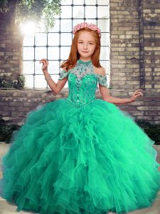 Turquoise Kids Formal Wear Party and Military Ball and Wedding Party with Beading and Ruffles Halter Top Sleeveless Lace