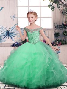 Best Tulle Off The Shoulder Sleeveless Lace Up Beading and Ruffles Child Pageant Dress in Apple Green