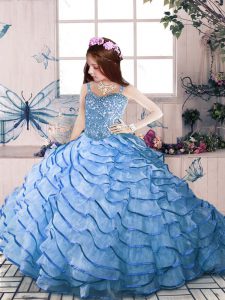 Custom Design Floor Length Ball Gowns Sleeveless Blue Pageant Dress for Womens Court Train Lace Up