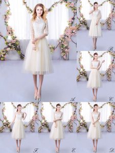 Empire Bridesmaid Dresses Champagne High-neck Tulle Half Sleeves Tea Length Lace Up