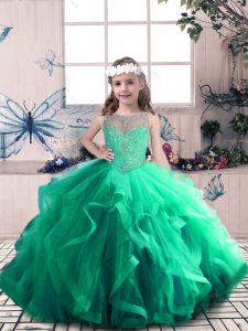 Adorable Green Sleeveless Floor Length Beading and Ruffles Lace Up Little Girl Pageant Gowns