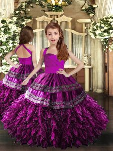 Sleeveless Lace Up Floor Length Appliques and Ruffles Kids Formal Wear