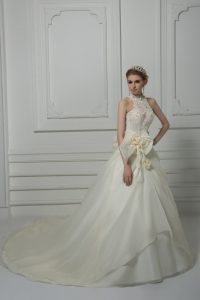 Great Sleeveless Court Train Zipper Beading and Lace and Hand Made Flower Wedding Gown