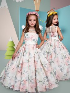 Amazing A-line Toddler Flower Girl Dress Multi-color Scoop Printed Sleeveless Floor Length Clasp Handle
