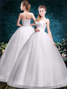 Affordable White Ball Gowns Appliques Wedding Gown Lace Up Tulle Sleeveless Floor Length