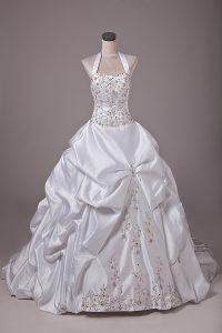 Sleeveless Beading and Embroidery and Pick Ups Lace Up Wedding Gown with White Brush Train