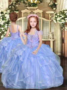Blue Organza Lace Up Evening Gowns Sleeveless Floor Length Beading
