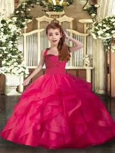 Coral Red Little Girls Pageant Dress Party and Sweet 16 and Wedding Party with Ruffles and Ruching Straps Sleeveless Lac