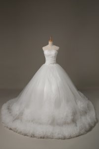 Sweetheart Sleeveless Wedding Dress Court Train Beading and Hand Made Flower White Tulle