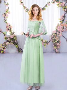 Latest Apple Green Tulle Side Zipper Wedding Guest Dresses Half Sleeves Floor Length Lace and Belt