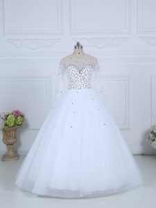 Glittering White Lace Up Scoop Beading Wedding Gown Tulle Long Sleeves