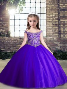 High End Ball Gowns Little Girls Pageant Gowns Purple Off The Shoulder Tulle Sleeveless Floor Length Lace Up
