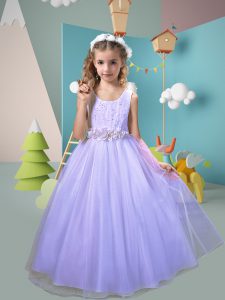 Floor Length Zipper Toddler Flower Girl Dress Lavender for Wedding Party with Hand Made Flower