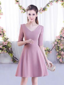 Romantic Half Sleeves Chiffon Mini Length Zipper Wedding Guest Dresses in Pink with Ruching