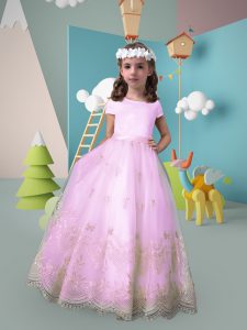 Stylish Floor Length Lace Up Flower Girl Dress Lilac for Wedding Party with Lace