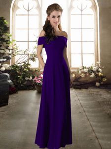 Off The Shoulder Short Sleeves Bridesmaid Gown Floor Length Ruching Purple Chiffon