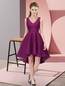 V-neck Sleeveless Bridesmaid Dress High Low Lace Dark Purple Lace