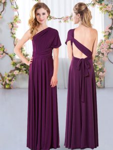 Decent Floor Length Dark Purple Quinceanera Dama Dress Chiffon Sleeveless Ruching