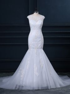 Graceful Scoop Sleeveless Bridal Gown Brush Train Lace White Tulle