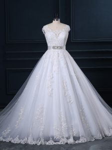 Custom Designed Sleeveless Tulle Court Train Zipper Bridal Gown in White with Beading and Lace