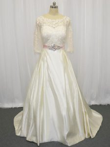 Fitting White Zipper Scoop Beading and Lace Wedding Dresses Taffeta Half Sleeves Brush Train