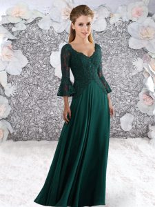 Super Floor Length Dark Green Prom Gown V-neck 3 4 Length Sleeve Zipper