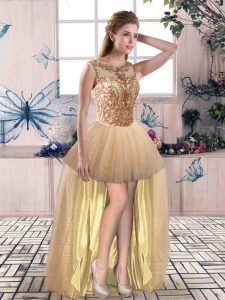 High Low Champagne Prom Dress Tulle Sleeveless Beading