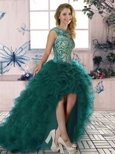 Embroidery and Ruffles Prom Dress Dark Green Lace Up Sleeveless High Low