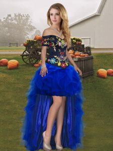High Low Royal Blue Prom Dresses Tulle Sleeveless Embroidery and Ruffles