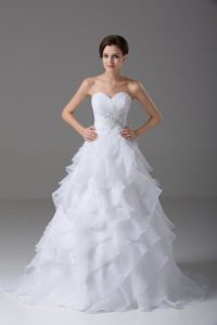 White Lace Up Wedding Gown Beading and Ruffled Layers Sleeveless Brush Train