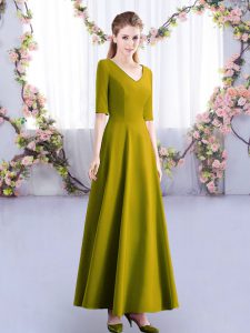 Dynamic Olive Green Half Sleeves Ankle Length Ruching Zipper Bridesmaid Dress
