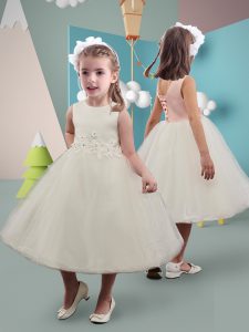 Wonderful White A-line Appliques Flower Girl Dress Lace Up Tulle Sleeveless Tea Length