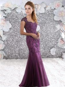 Tulle Straps Cap Sleeves Zipper Appliques Prom Gown in Dark Purple