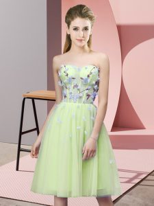 Attractive Yellow Green Empire Sweetheart Sleeveless Tulle Knee Length Lace Up Appliques Quinceanera Court of Honor Dres