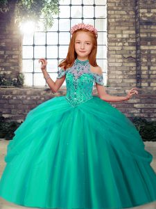 Turquoise Sleeveless Floor Length Beading Lace Up Girls Pageant Dresses
